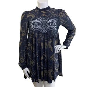Free People Sweet Thing Tunic Dress Size M Blue Paisley Embroidered Mesh Bodice